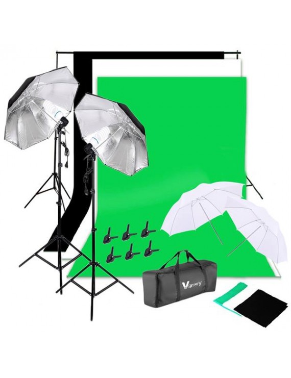Vamery 135W Silver Black Umbrellas with Background Stand Non-Woven Fabric (Black & White & Green) Set UK